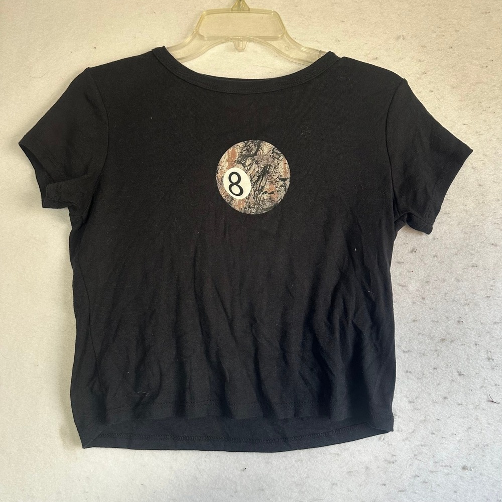 Social Scene Black 8 Ball Camo Pool Graphic Crop Top Baby Tee Size M